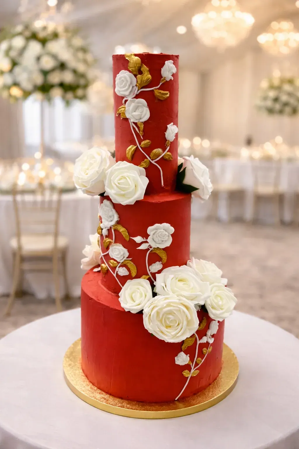 Three-tier red wedding cake with white sugar roses and gold leaves