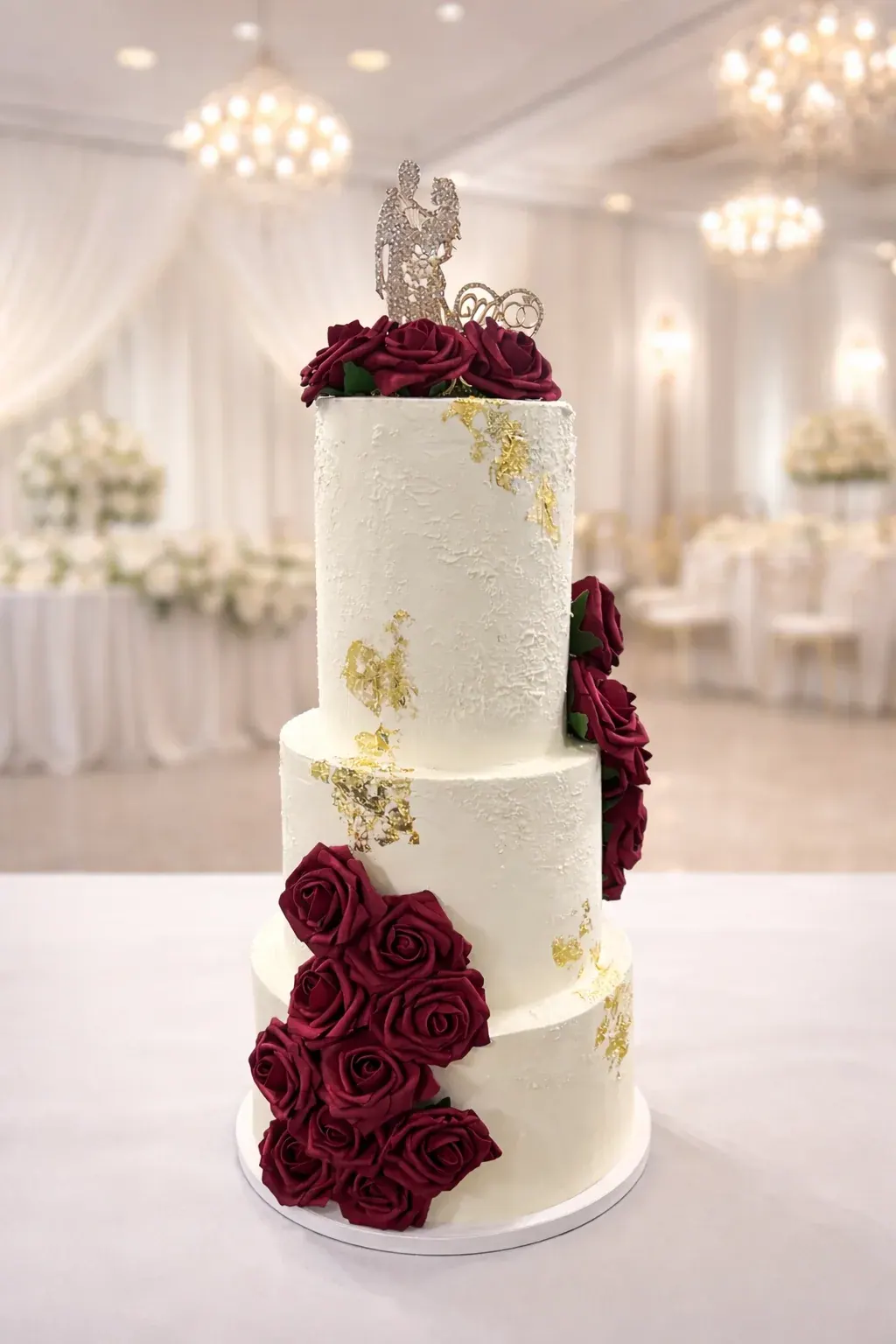 Three-tier ivory wedding cake with burgundy roses and gold details